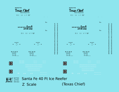 Santa Fe Reefer Despatch 40 Ft Ice Reefer Black Texas Chief - Decal - Choose Scale
