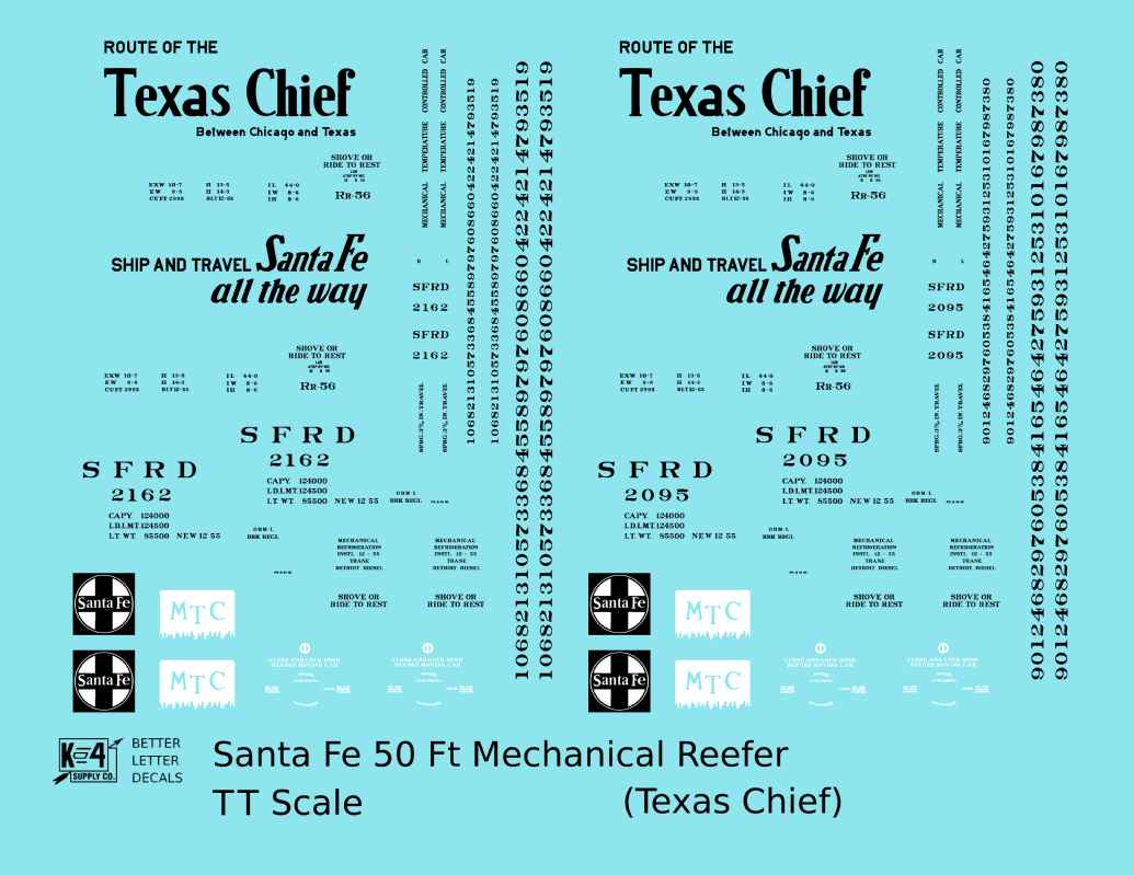 Santa Fe Reefer Despatch 50 Ft Mechanical Reefer Black Texas Chief MTC - Decal - Choose Scale