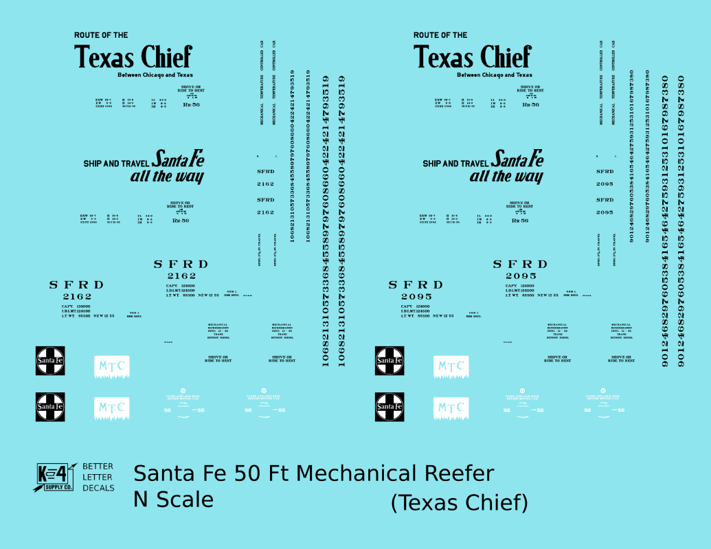 Santa Fe Reefer Despatch 50 Ft Mechanical Reefer Black Texas Chief MTC - Decal - Choose Scale