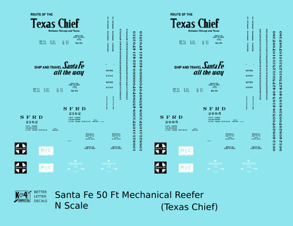 Santa Fe Reefer Despatch 50 Ft Mechanical Reefer Black Texas Chief MTC - Decal - Choose Scale
