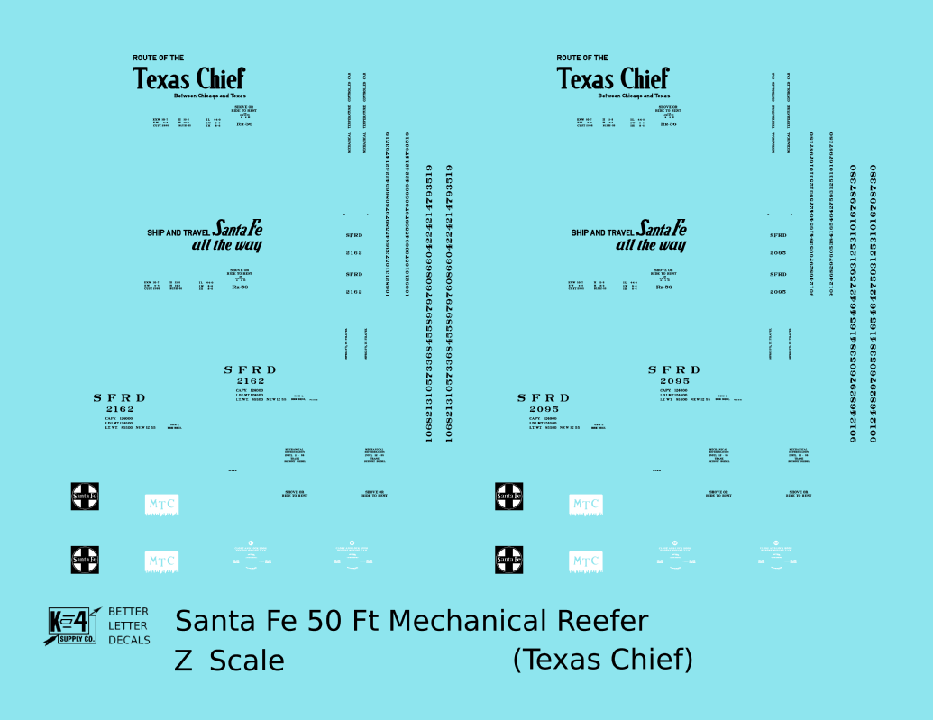 Santa Fe Reefer Despatch 50 Ft Mechanical Reefer Black Texas Chief MTC - Decal - Choose Scale