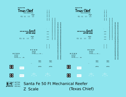 Santa Fe Reefer Despatch 50 Ft Mechanical Reefer Black Texas Chief MTC - Decal - Choose Scale