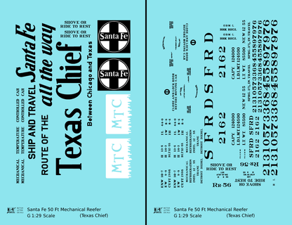 Santa Fe Reefer Despatch 50 Ft Mechanical Reefer Black Texas Chief MTC - Decal - Choose Scale