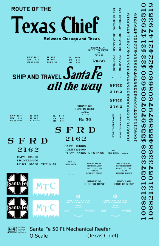 Santa Fe Reefer Despatch 50 Ft Mechanical Reefer Black Texas Chief MTC - Decal Sheet