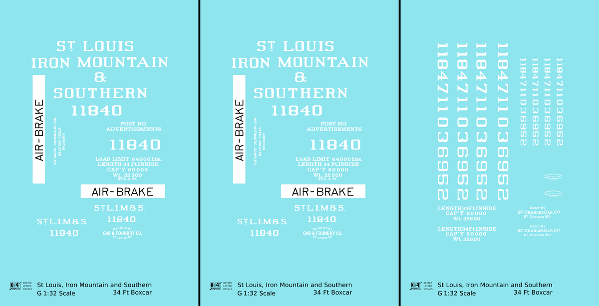 St Louis, Iron Mountain & Southern 34 Ft Boxcars White StLIM&S