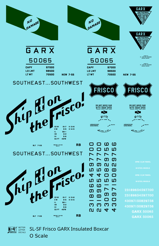 SLSF Frisco GARX Plug Door Boxcar Black and Green  - Decal Sheet