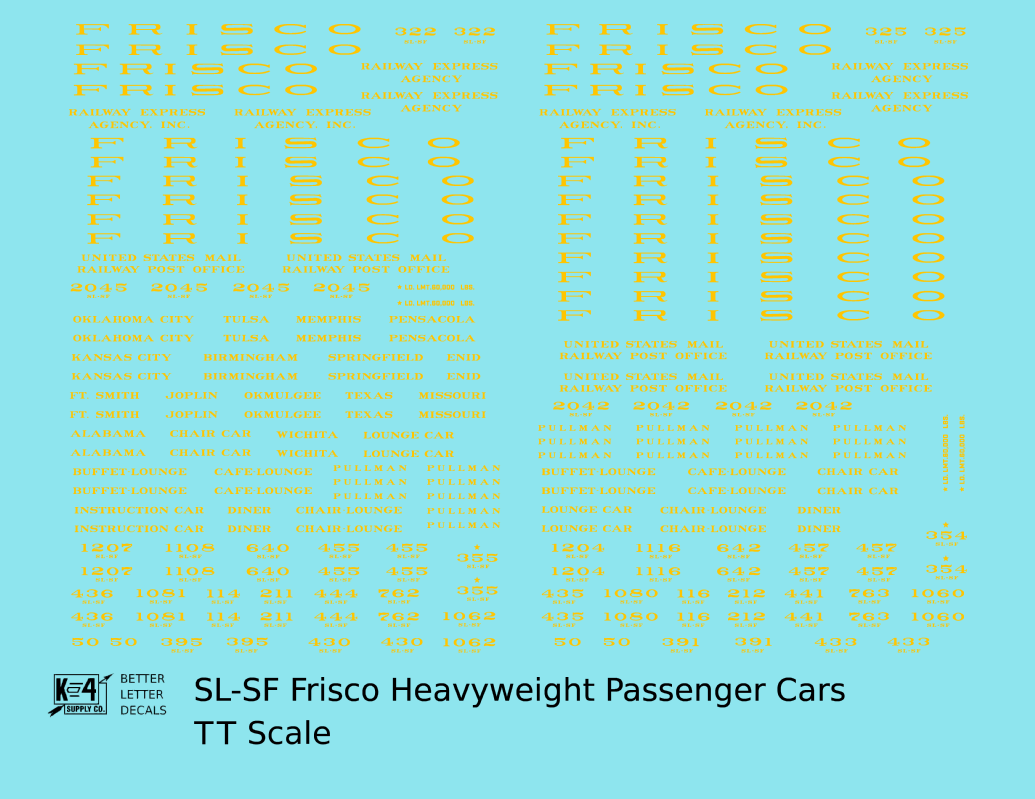 SLSF Frisco Heavyweight Passenger Cars Dulux Gold  - Decal - Choose Scale