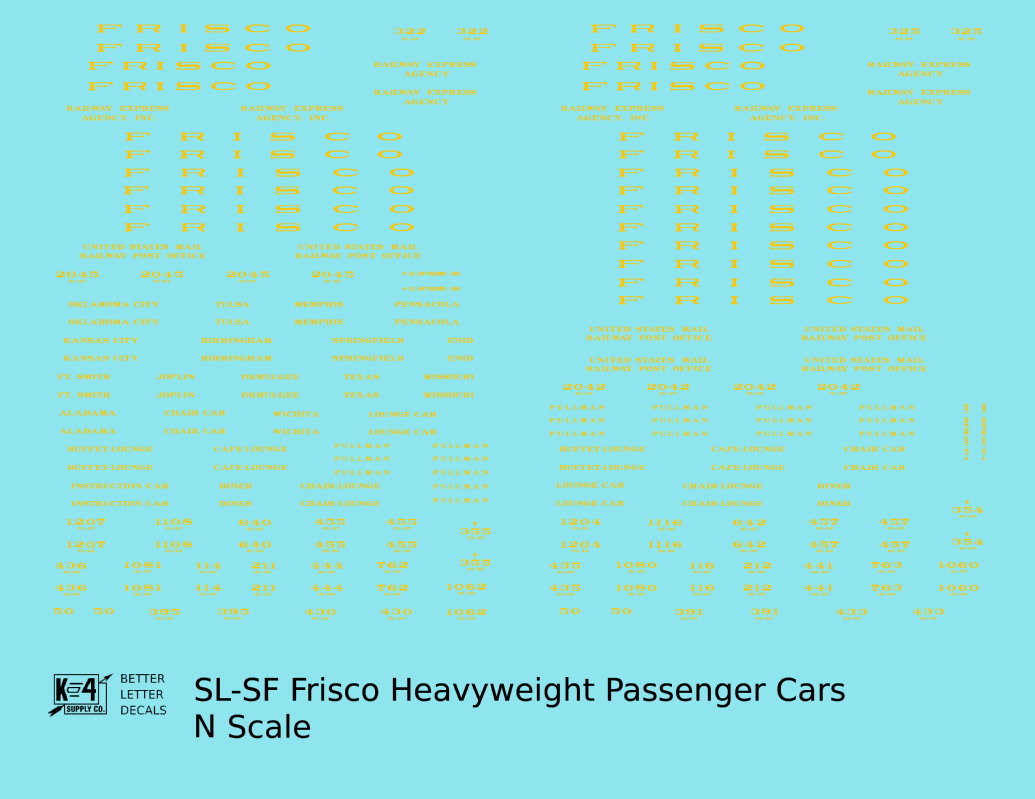 SLSF Frisco Heavyweight Passenger Cars Dulux Gold  - Decal - Choose Scale