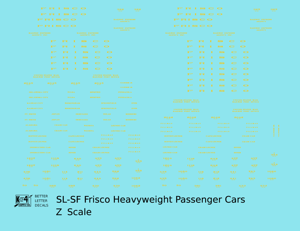 SLSF Frisco Heavyweight Passenger Cars Dulux Gold  - Decal - Choose Scale