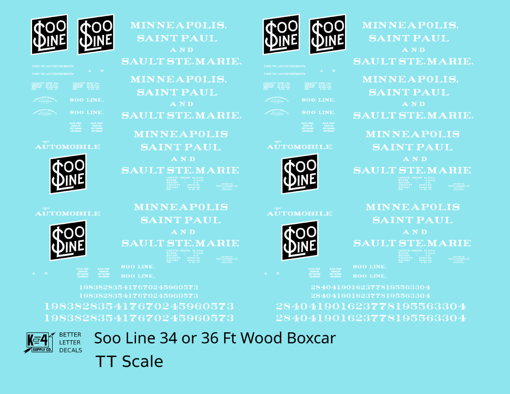 Soo Line 34 and 36 Ft Wood Boxcars White and Black  - Decal - Choose Scale