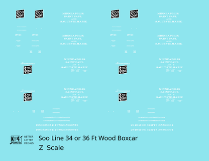 Soo Line 34 and 36 Ft Wood Boxcars White and Black  - Decal - Choose Scale