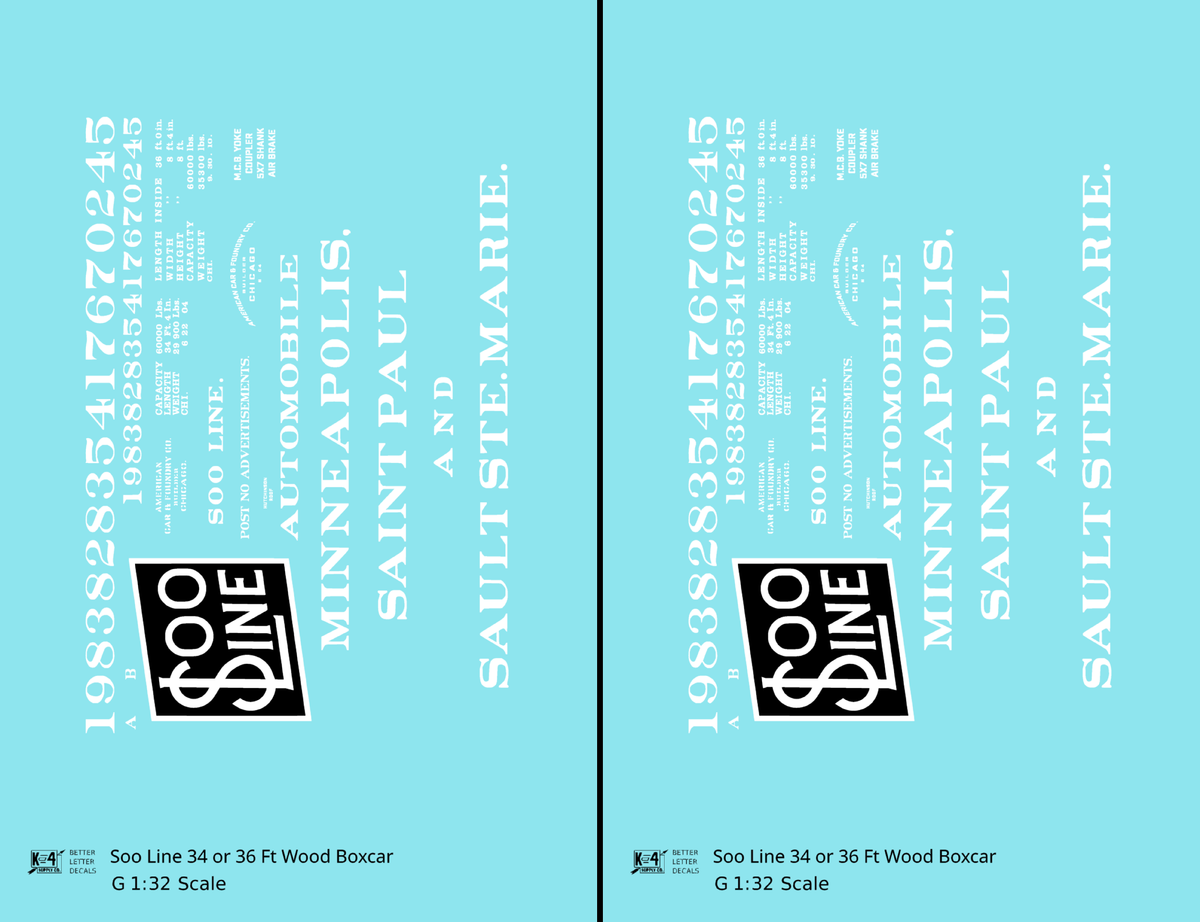 Soo Line 34 and 36 Ft Wood Boxcars White and Black  - Decal - Choose Scale