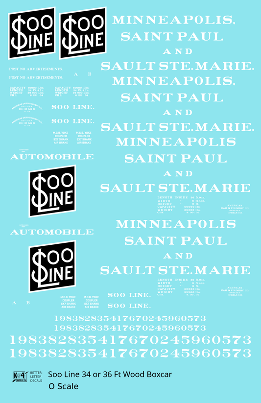 Soo Line 34 and 36 Ft Wood Boxcars White and Black  - Decal Sheet