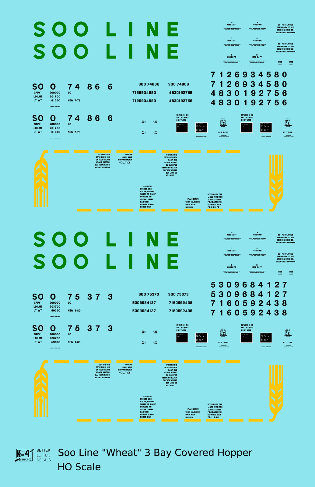 Soo Line PS2-CD Covered Hopper Green, Yellow and Black Wheat Scheme