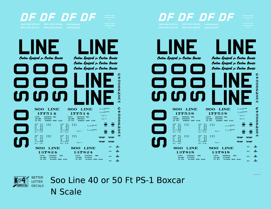 Soo Line 40 / 50 Ft PS-1 Boxcars Black Block Letter