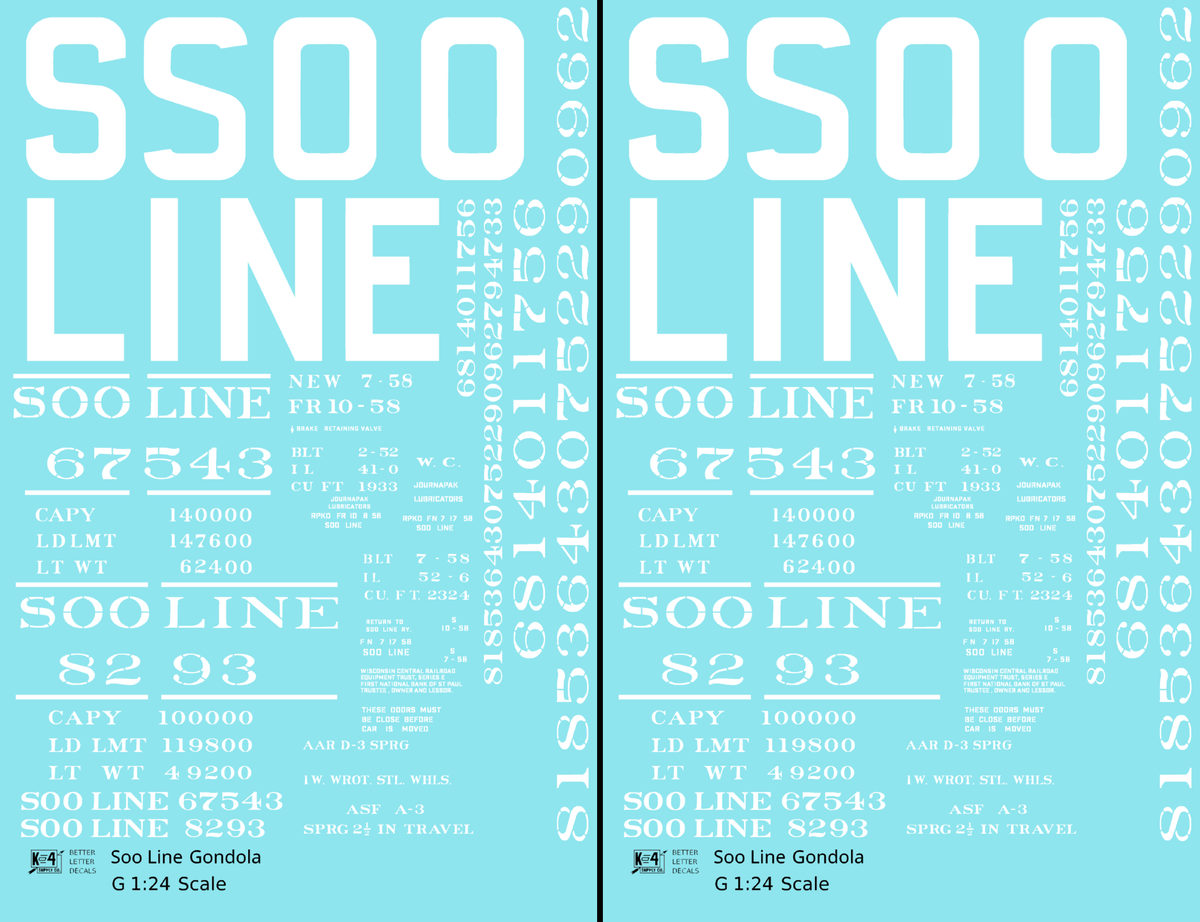 Soo Line 40 Ft, 52 Ft Gondolas White  - Decal - Choose Scale
