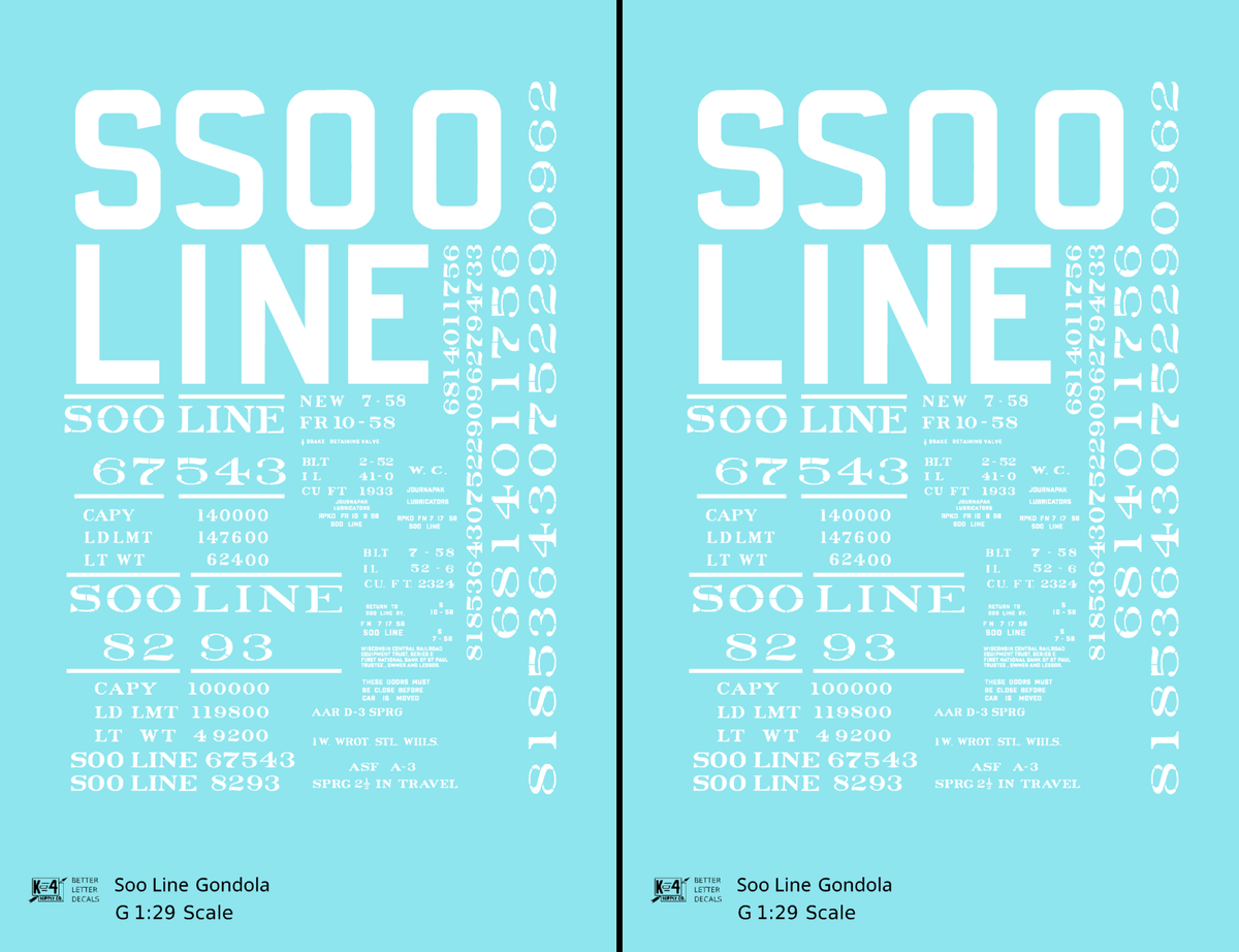 Soo Line 40 Ft, 52 Ft Gondolas White  - Decal - Choose Scale