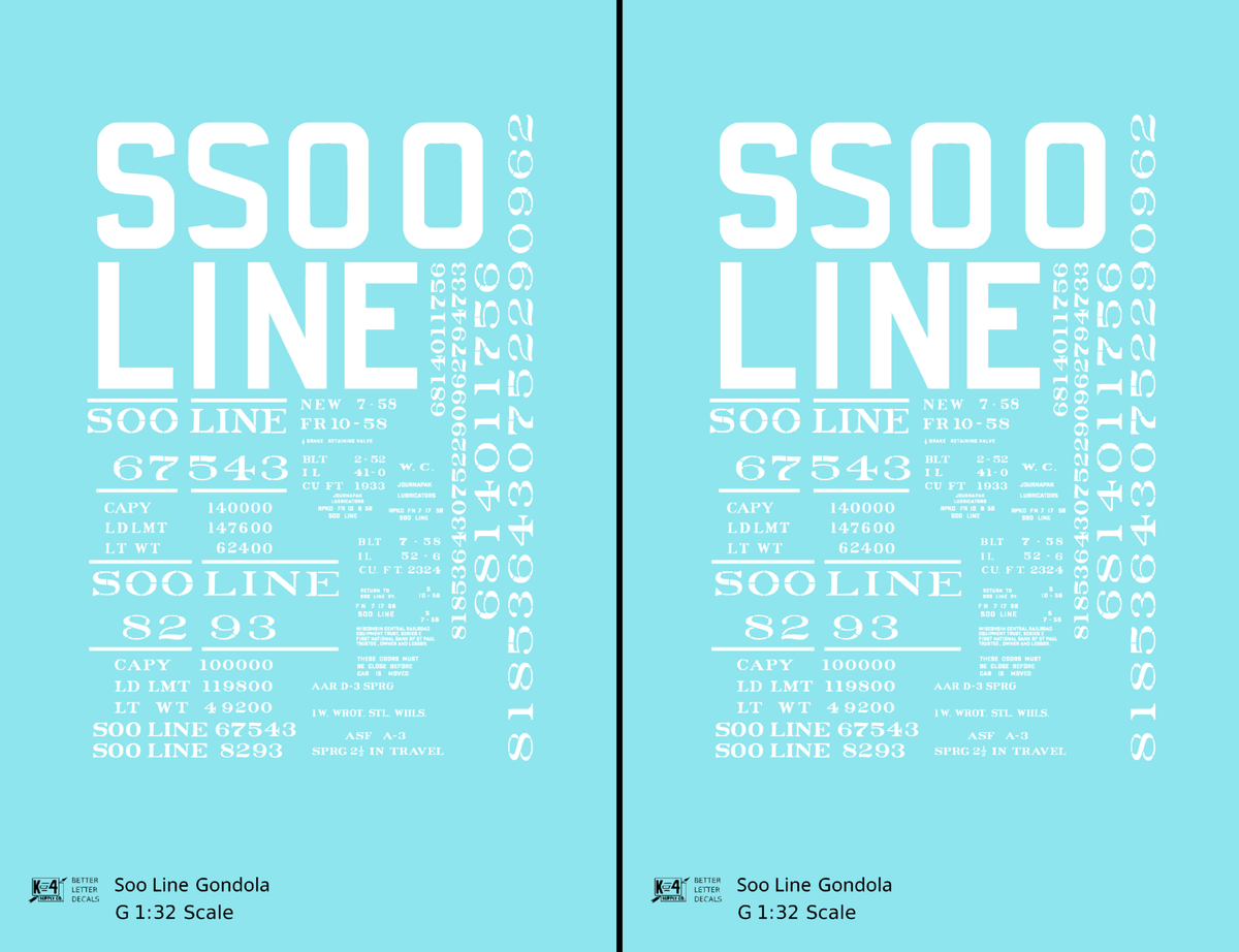 Soo Line 40 Ft, 52 Ft Gondolas White  - Decal - Choose Scale