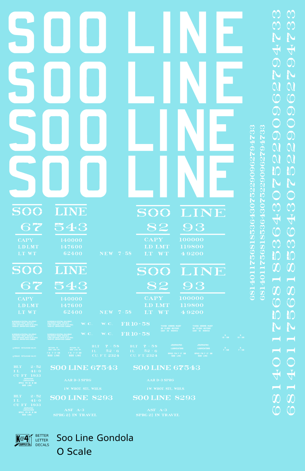 Soo Line 40 Ft, 52 Ft Gondolas White  - Decal - Choose Scale