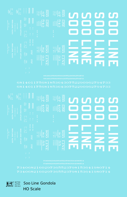 Soo Line 40 Ft, 52 Ft Gondolas White  - Decal - Choose Scale
