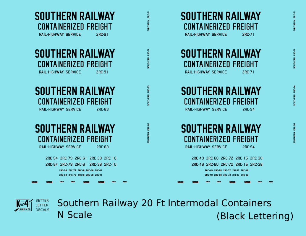 Southern Railway 20 Ft Intermodal Container Black  - Decal - Choose Scale