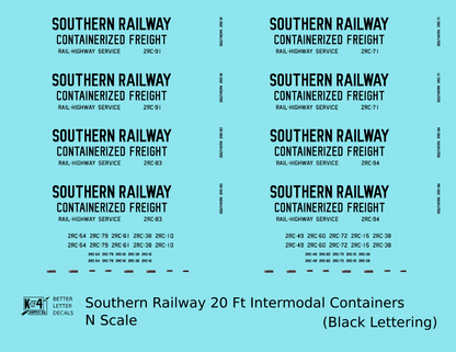 Southern Railway 20 Ft Intermodal Container Black  - Decal - Choose Scale