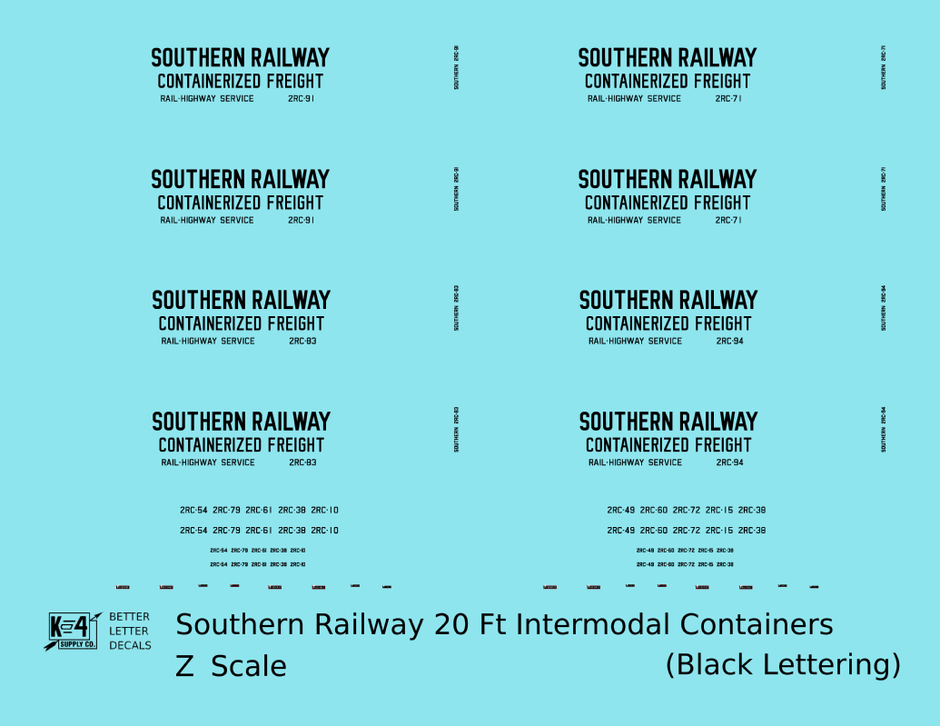 Southern Railway 20 Ft Intermodal Container Black  - Decal - Choose Scale