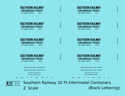 Southern Railway 20 Ft Intermodal Container Black  - Decal - Choose Scale