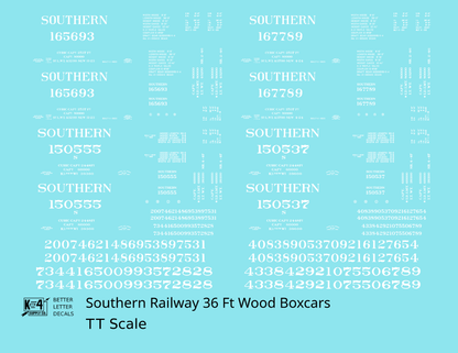 Southern Railway 36 Ft Wood Boxcar White  - Decal - Choose Scale