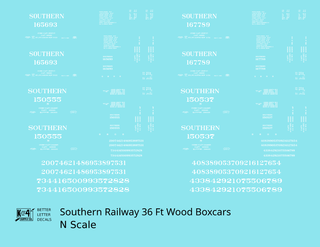 Southern Railway 36 Ft Wood Boxcar White  - Decal - Choose Scale
