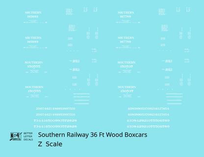 Southern Railway 36 Ft Wood Boxcar White  - Decal - Choose Scale
