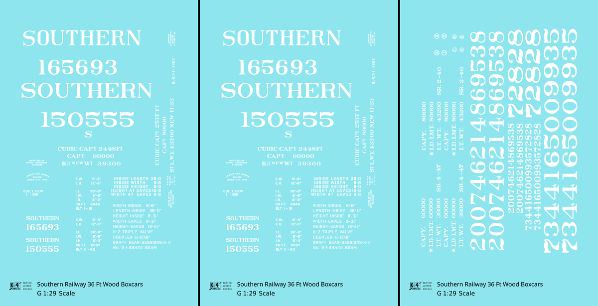 Southern Railway 36 Ft Wood Boxcar White  - Decal - Choose Scale