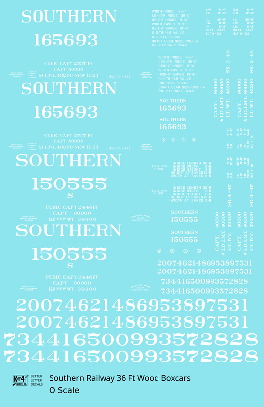 Southern Railway 36 Ft Wood Boxcar White  - Decal Sheet