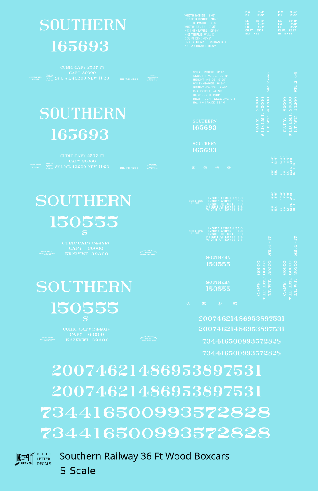 Southern Railway 36 Ft Wood Boxcar White  - Decal - Choose Scale
