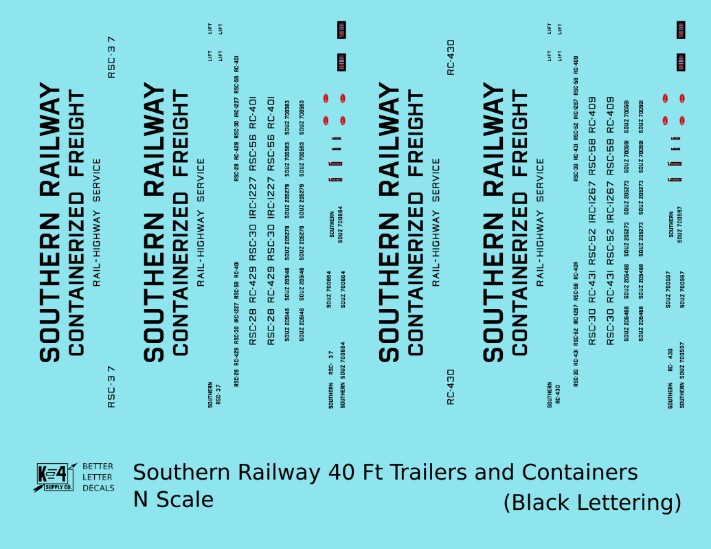 Southern Railway 40 Ft Semi Trailer Or Intermodal Container Black  - Decal - Choose Scale