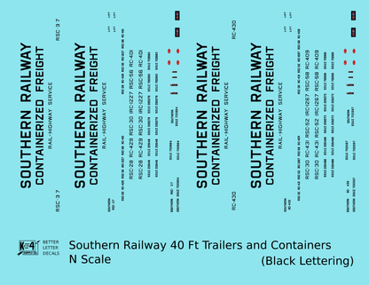 Southern Railway 40 Ft Semi Trailer Or Intermodal Container Black  - Decal - Choose Scale