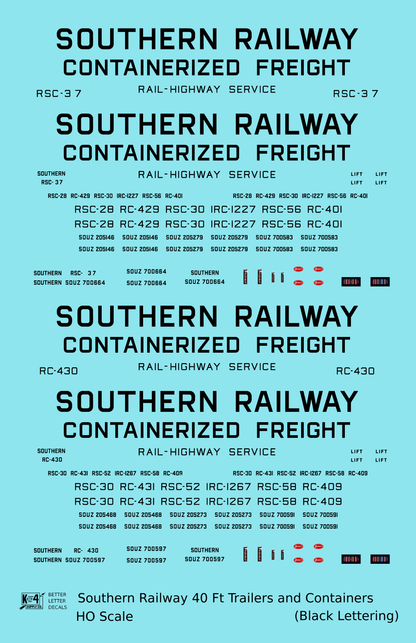 Southern Railway 40 Ft Semi Trailer Or Intermodal Container Black  - Decal - Choose Scale