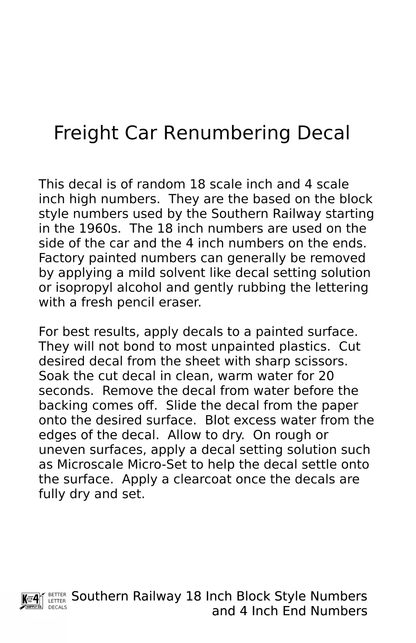 Southern Railway 18 Scale Inch Block Style Freight Car Numbers