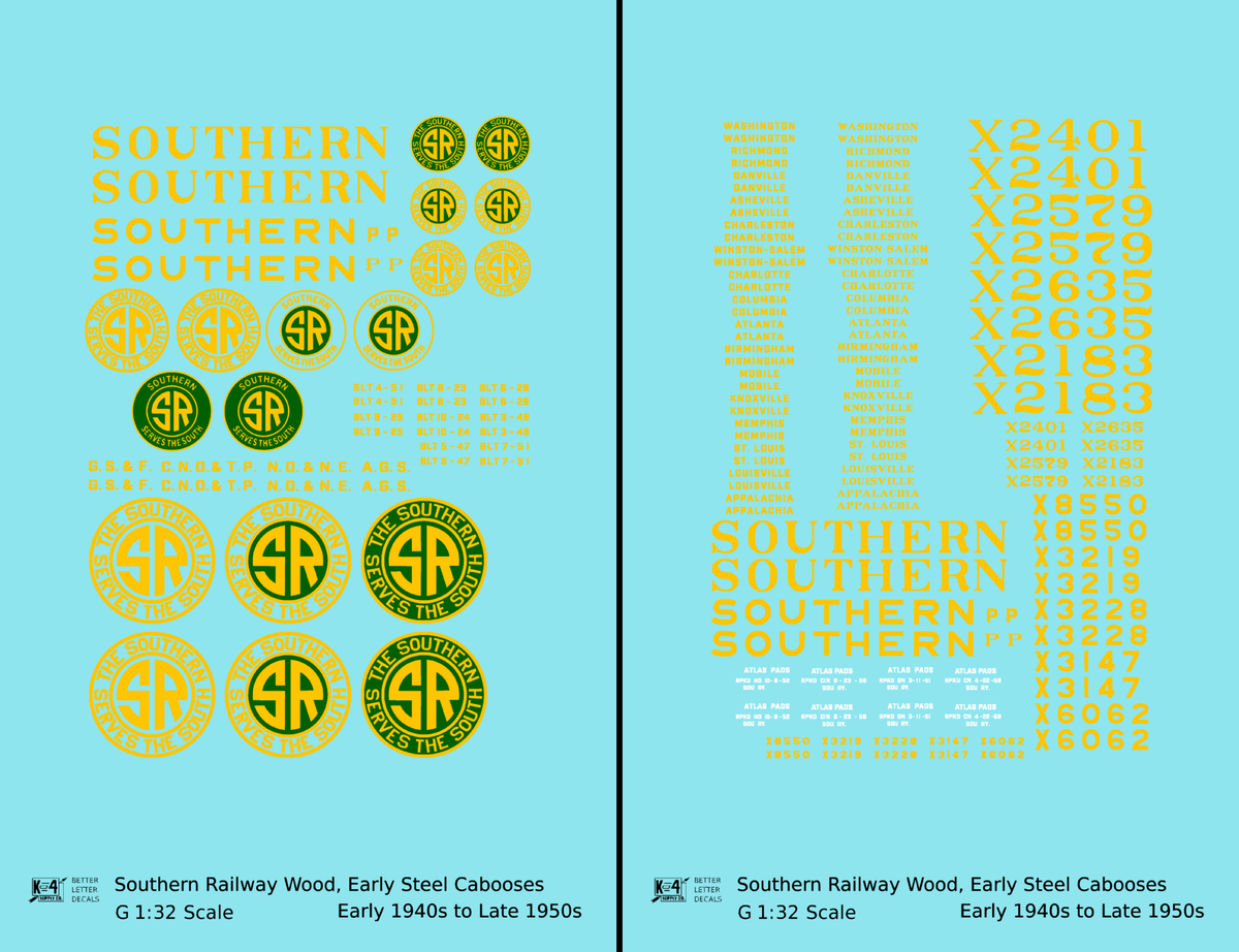 Southern Railway Wood Or Steel Caboose Yellow  - Decal - Choose Scale