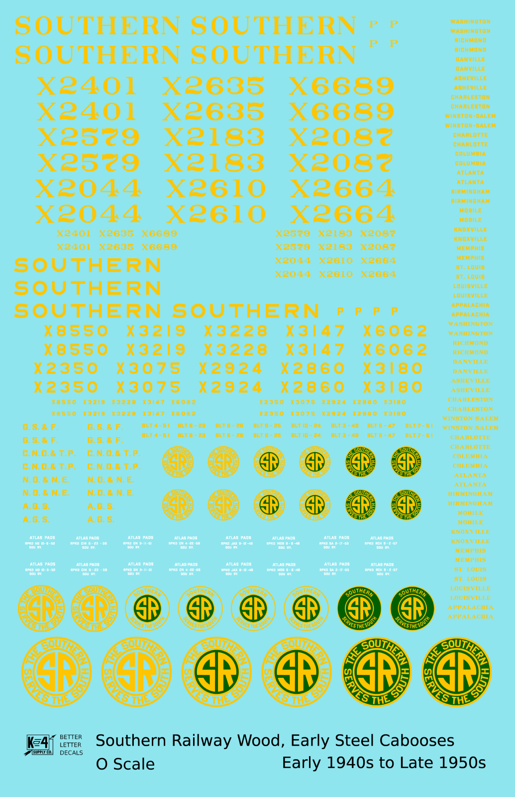 Southern Railway Wood Or Steel Caboose Yellow  - Decal Sheet