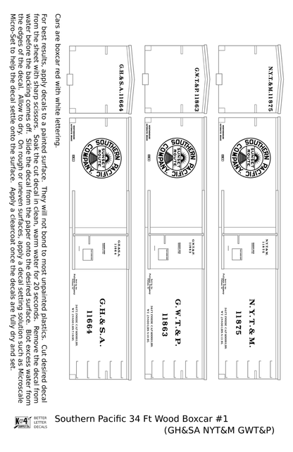 Southern Pacific 34 Ft Wood Boxcar White GH&SA GWT&P NYT&M - Decal