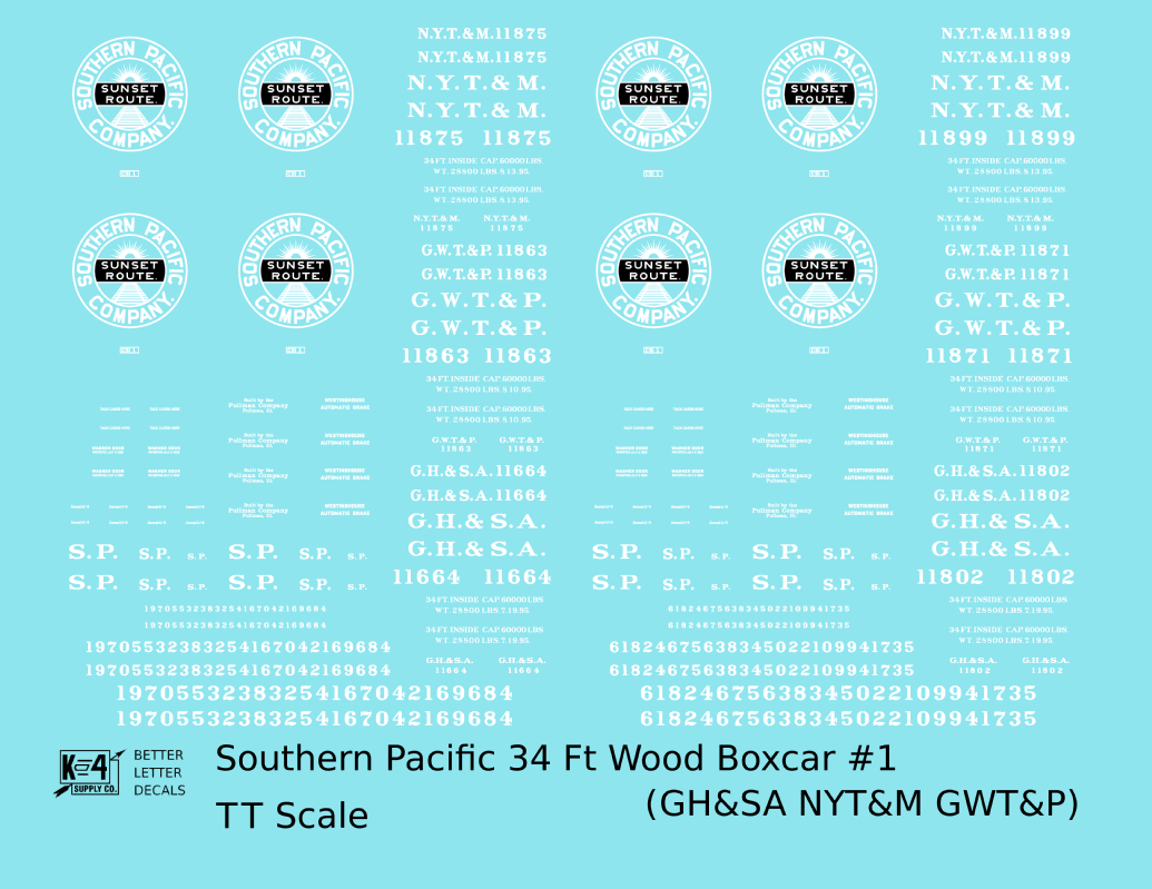Southern Pacific 34 Ft Wood Boxcar White GH&SA GWT&P NYT&M - Decal - Choose Scale