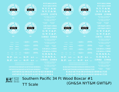 Southern Pacific 34 Ft Wood Boxcar White GH&SA GWT&P NYT&M - Decal - Choose Scale