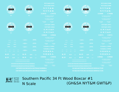 Southern Pacific 34 Ft Wood Boxcar White GH&SA GWT&P NYT&M - Decal - Choose Scale