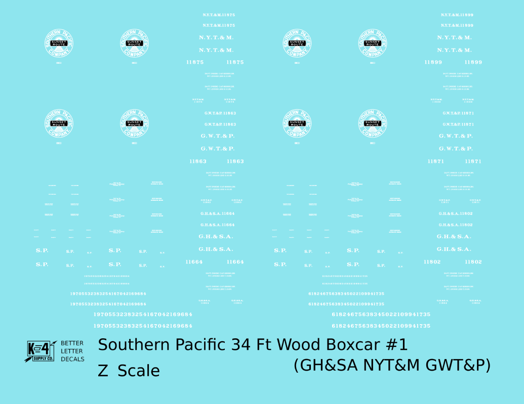 Southern Pacific 34 Ft Wood Boxcar White GH&SA GWT&P NYT&M - Decal - Choose Scale
