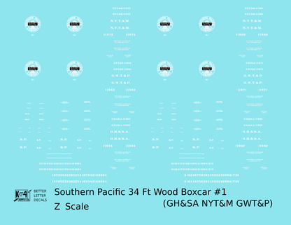 Southern Pacific 34 Ft Wood Boxcar White GH&SA GWT&P NYT&M - Decal - Choose Scale