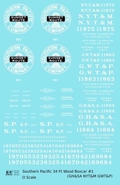 Southern Pacific 34 Ft Wood Boxcar White GH&SA GWT&P NYT&M - Decal Sheet
