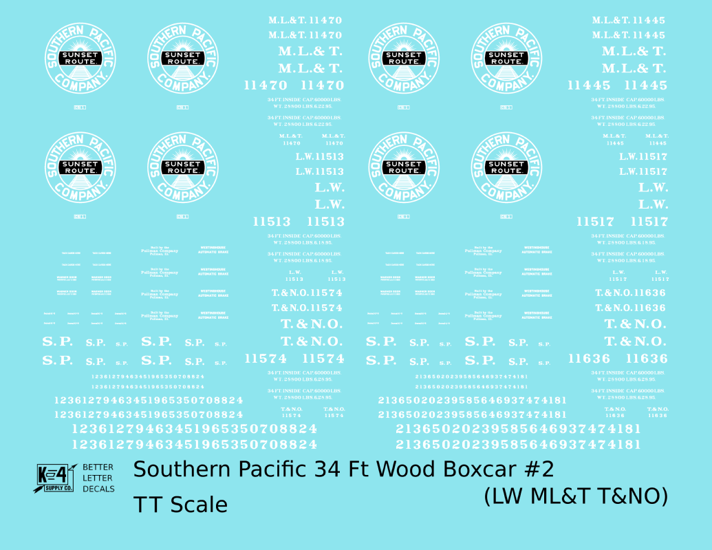 Southern Pacific 34 Ft Wood Boxcar White LW T&NO ML&T - Decal - Choose Scale