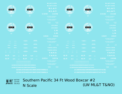 Southern Pacific 34 Ft Wood Boxcar White LW T&NO ML&T - Decal - Choose Scale