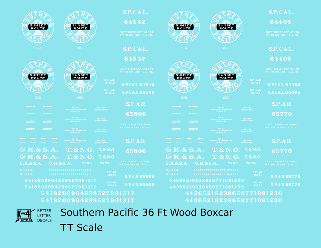 Southern Pacific 36 Ft Wood Boxcar White SP CAL. SP AR. - Decal - Choose Scale